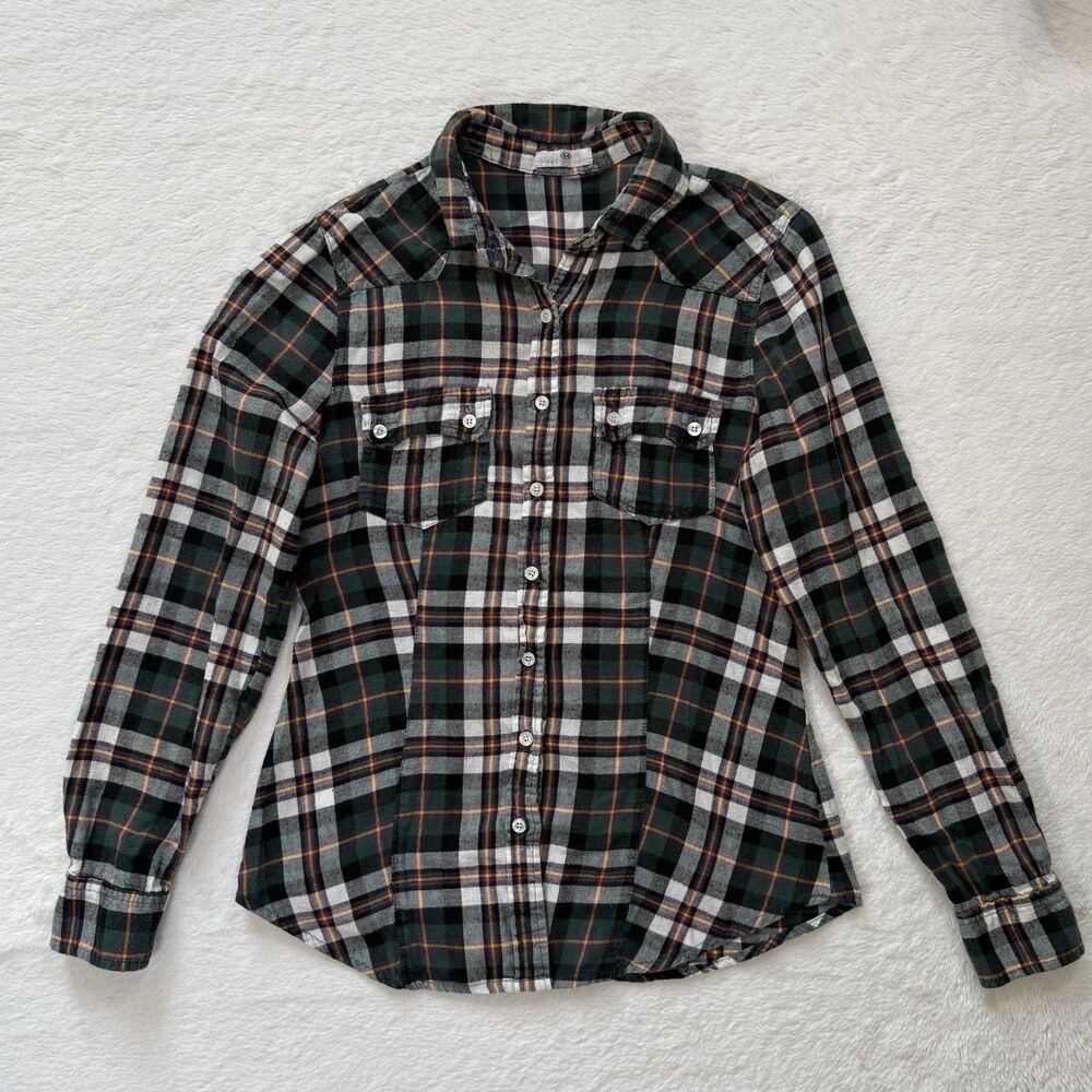 Vintage Women’s Flannel Shirt 100% Cotton Button Down Long Sleeve Top Green XS